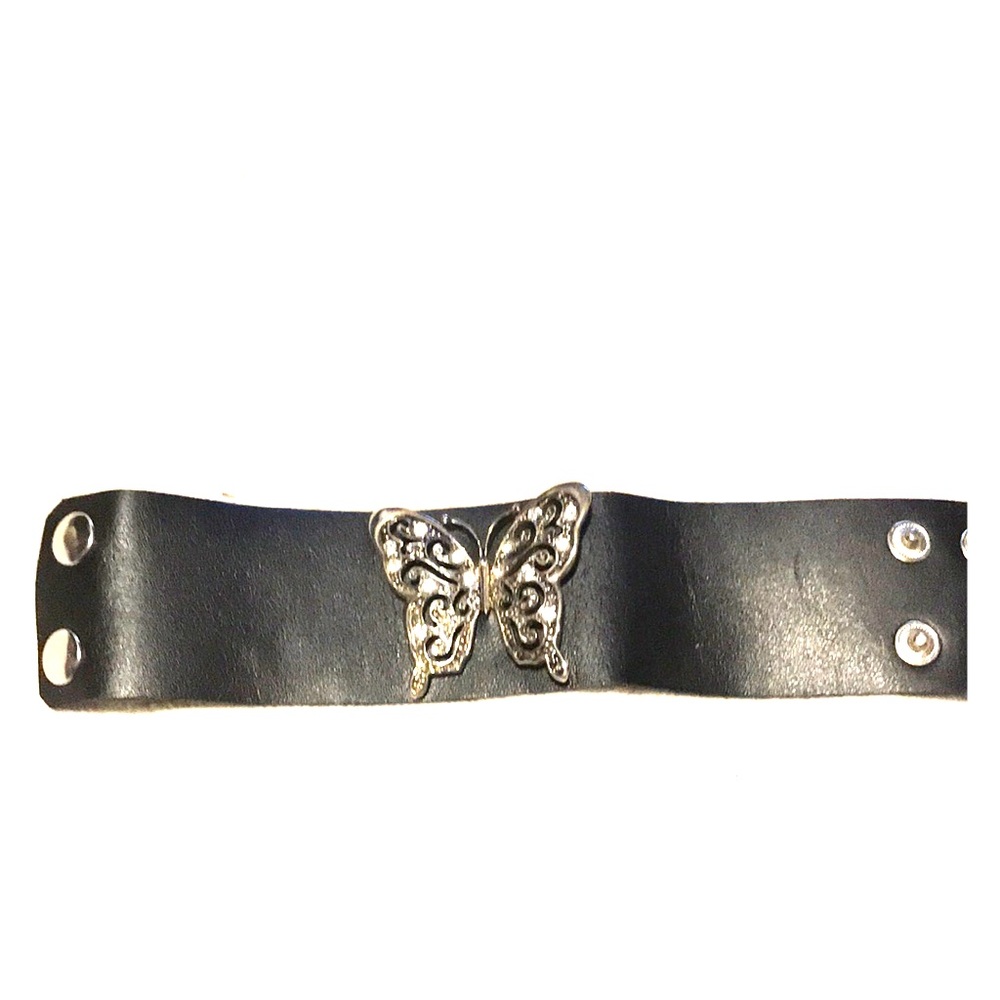 Chrome/Crystals Butterfly Bracelet Black Leather